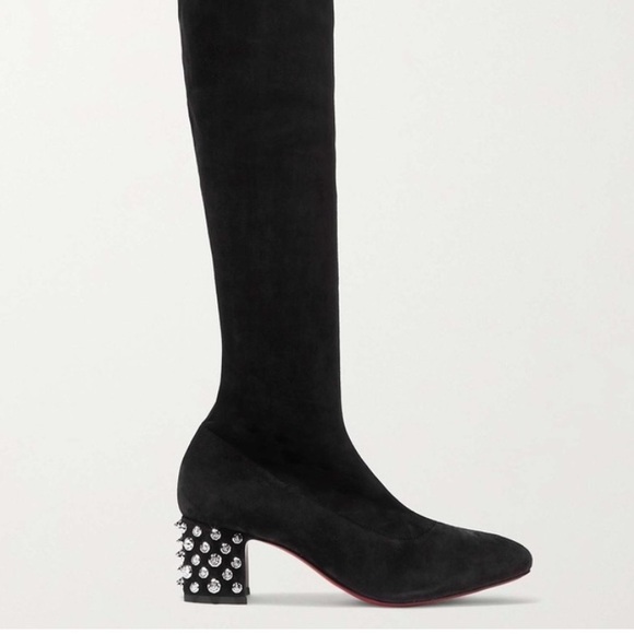 Christian Louboutin Black Over the Knee Boots Chunky Heel Metallic Studs - Picture 2 of 5